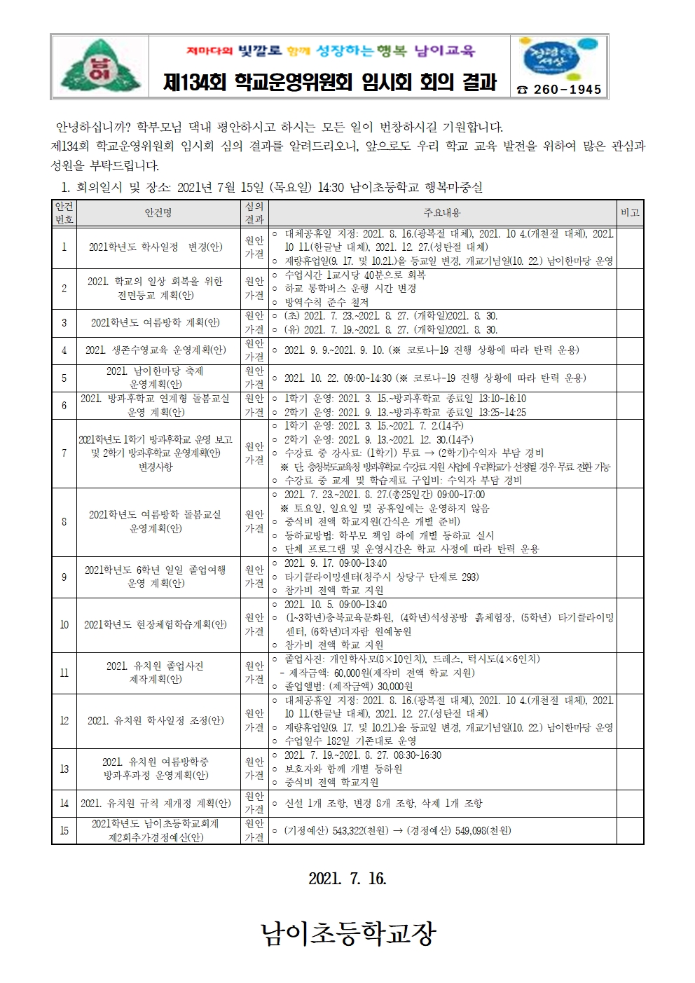 06. 제134회 임시회 심의결과 가정통신문001